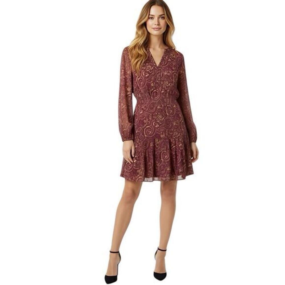 Rose & Olive Dress Size Small Paisley 3/4 Sleeve Tie Waist Chiffon Ruffle Hem